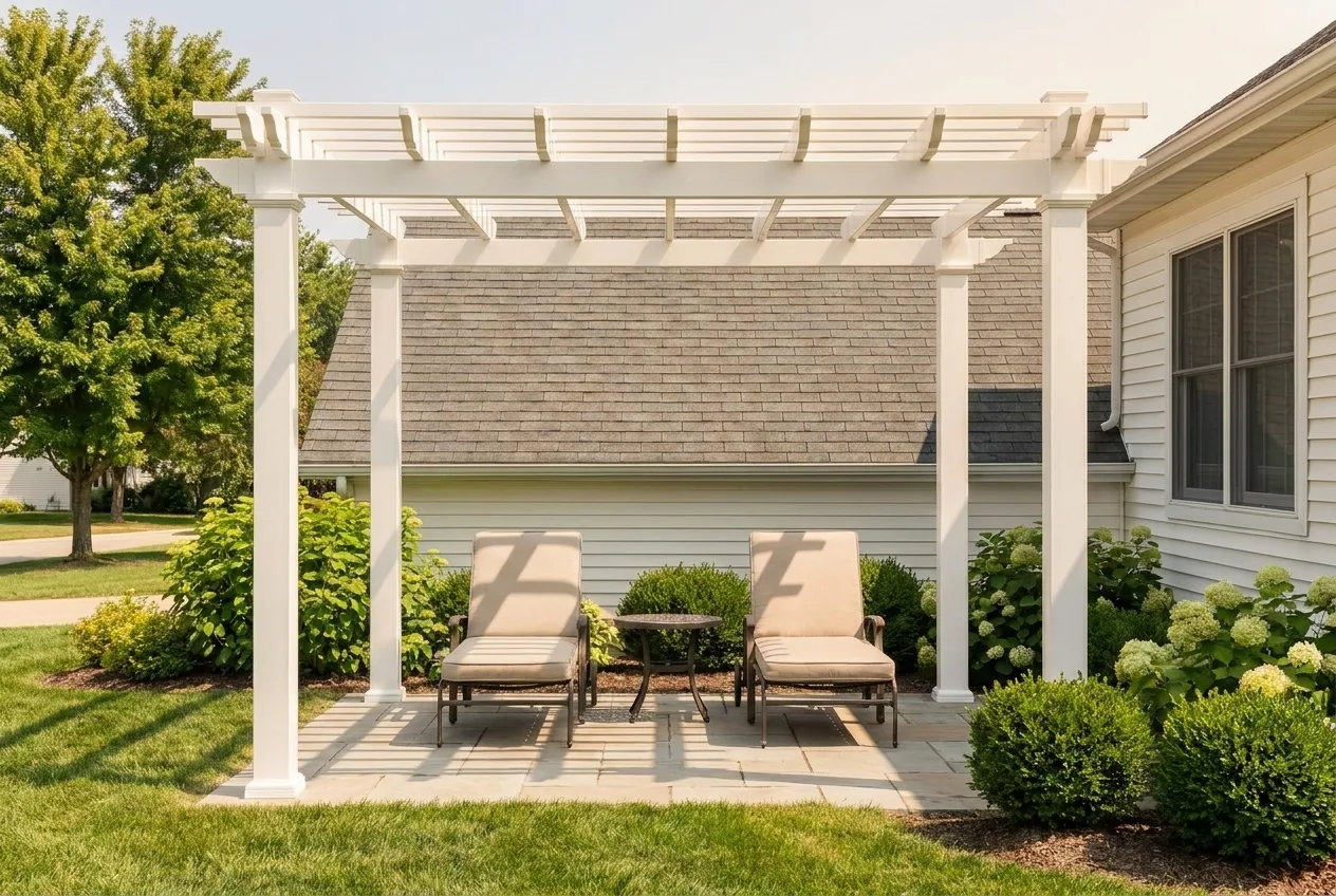 A freestanding white PVC pergola stands over a light-colored paver patio, with two outdoor lounge chairs and a small side table beneath it.