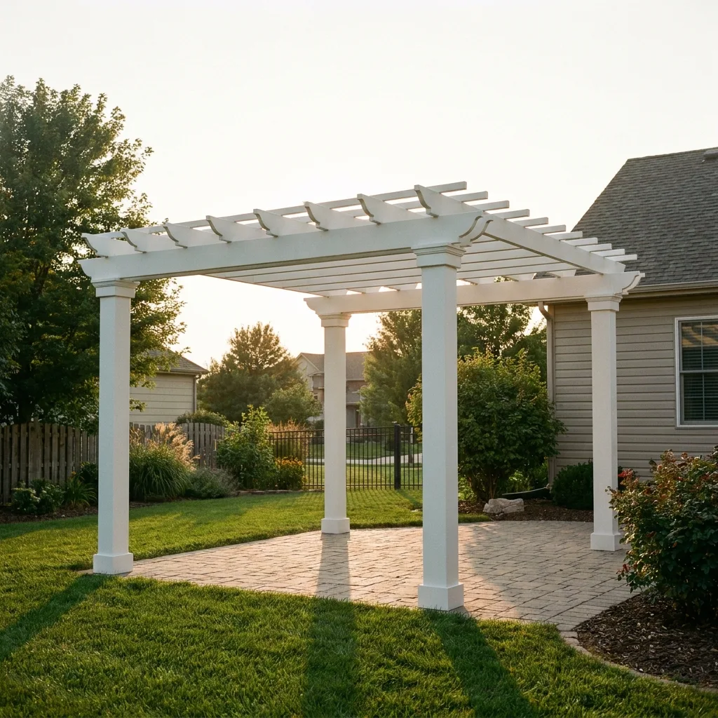 A white Heartland PVC pergola with crisp trim and square posts stands over a stone patio, in a tidy, low-key residential backyard.
