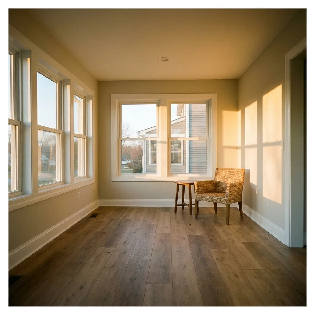 Interior photo of a finished room addition, with windows on two walls, finished drywall, and trim, filled with natural light.