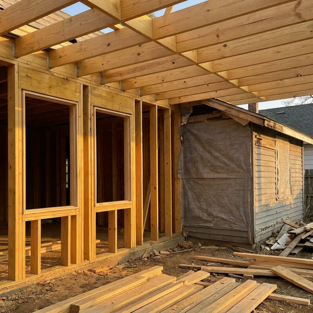 Photo of a room addition at the framing stage, showing wall studs, window openings, house wrap, and the roof tie-in to the existing structure.