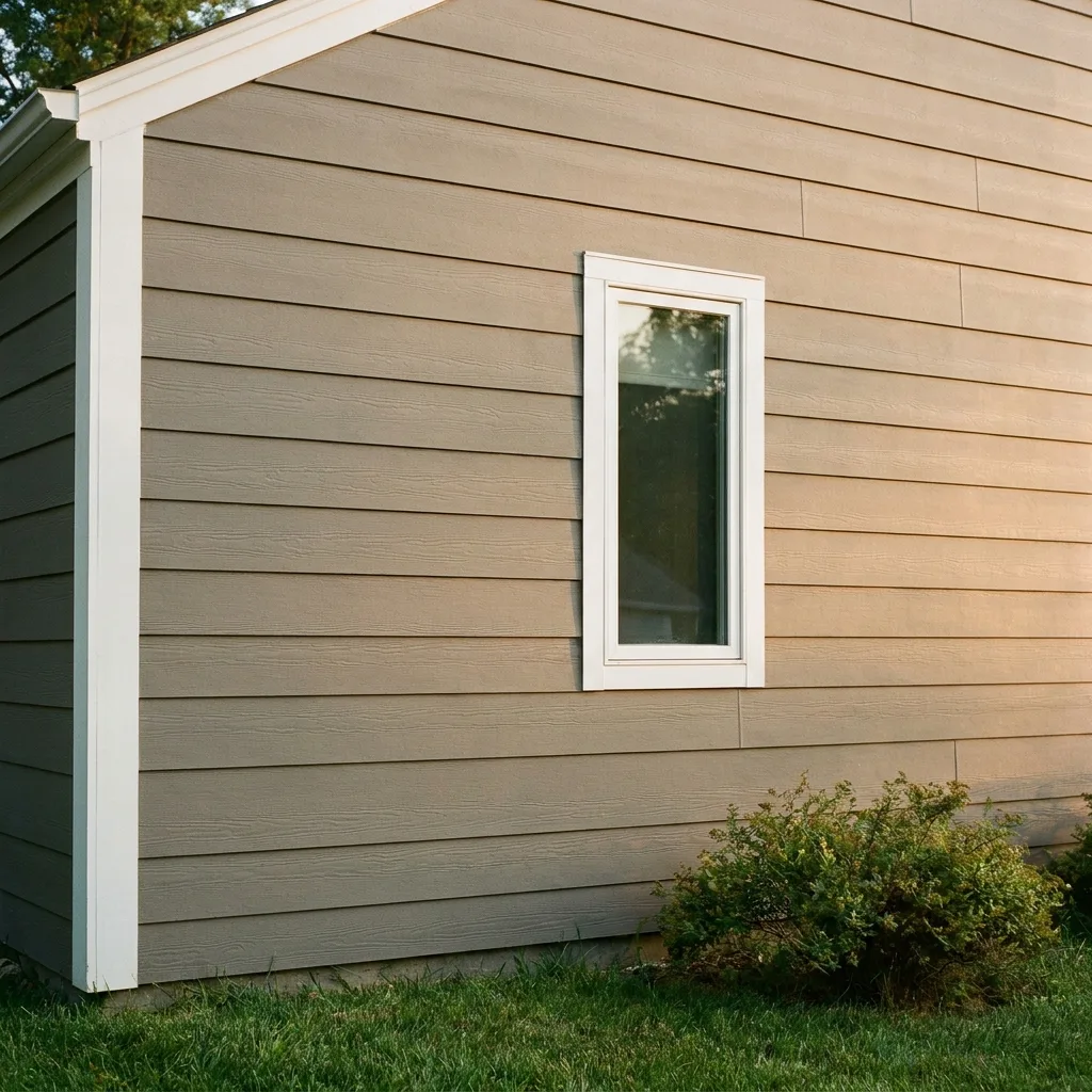 Close-up exterior photo of a home's gable end finished in fiber cement lap siding, with crisp white trim at the corner post and around a window.