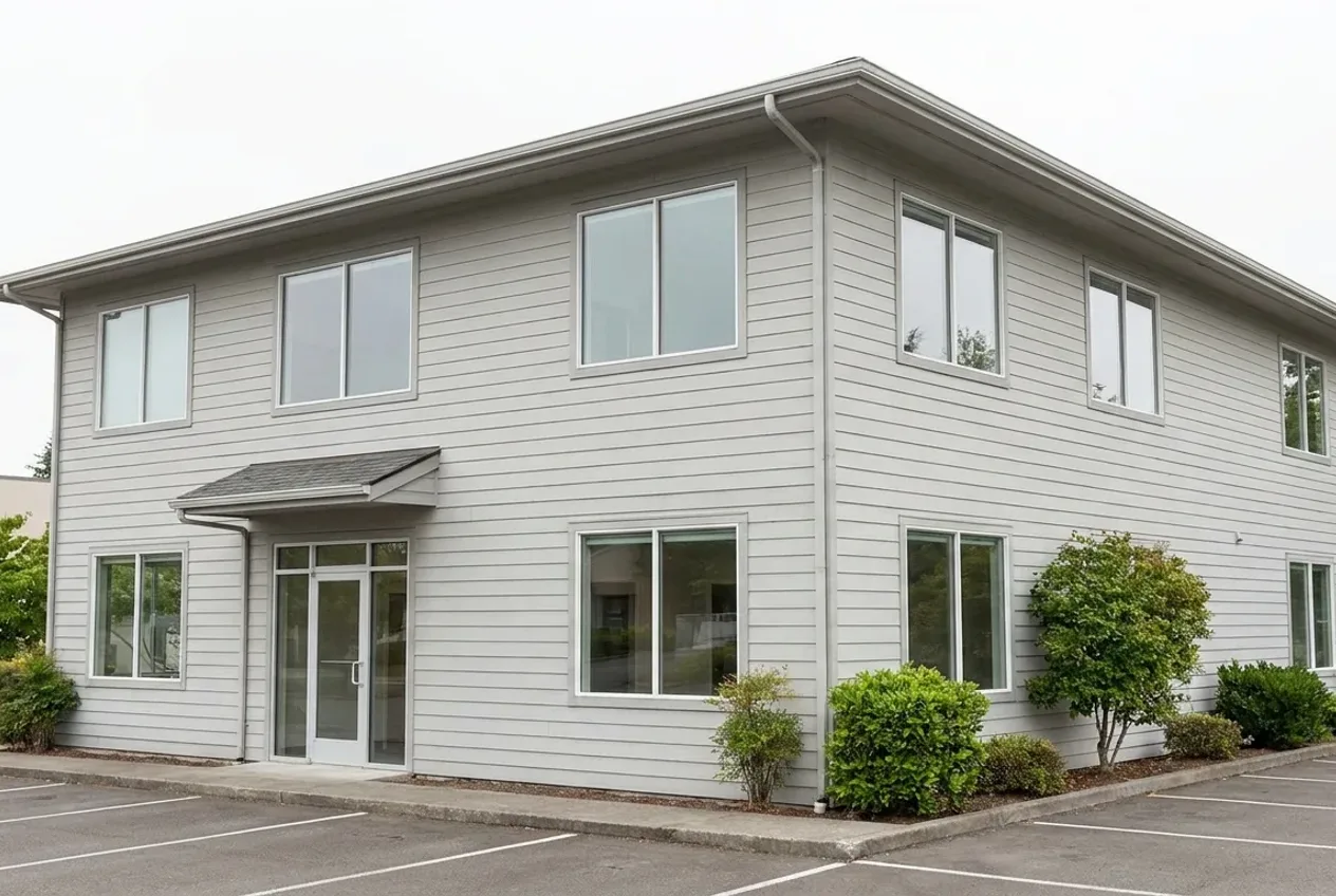 A small, two-story commercial building with clean new siding, viewed from the front corner in daylight