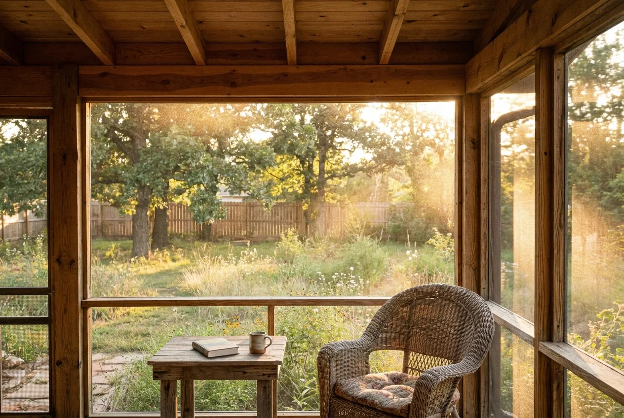 View from inside a shaded screened porch looking out toward a Kansas backyard