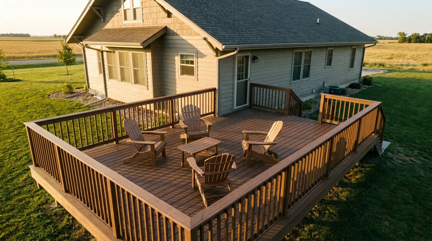 A finished deck spanning the back of a single-family house, furnished with seating in late-afternoon light.
