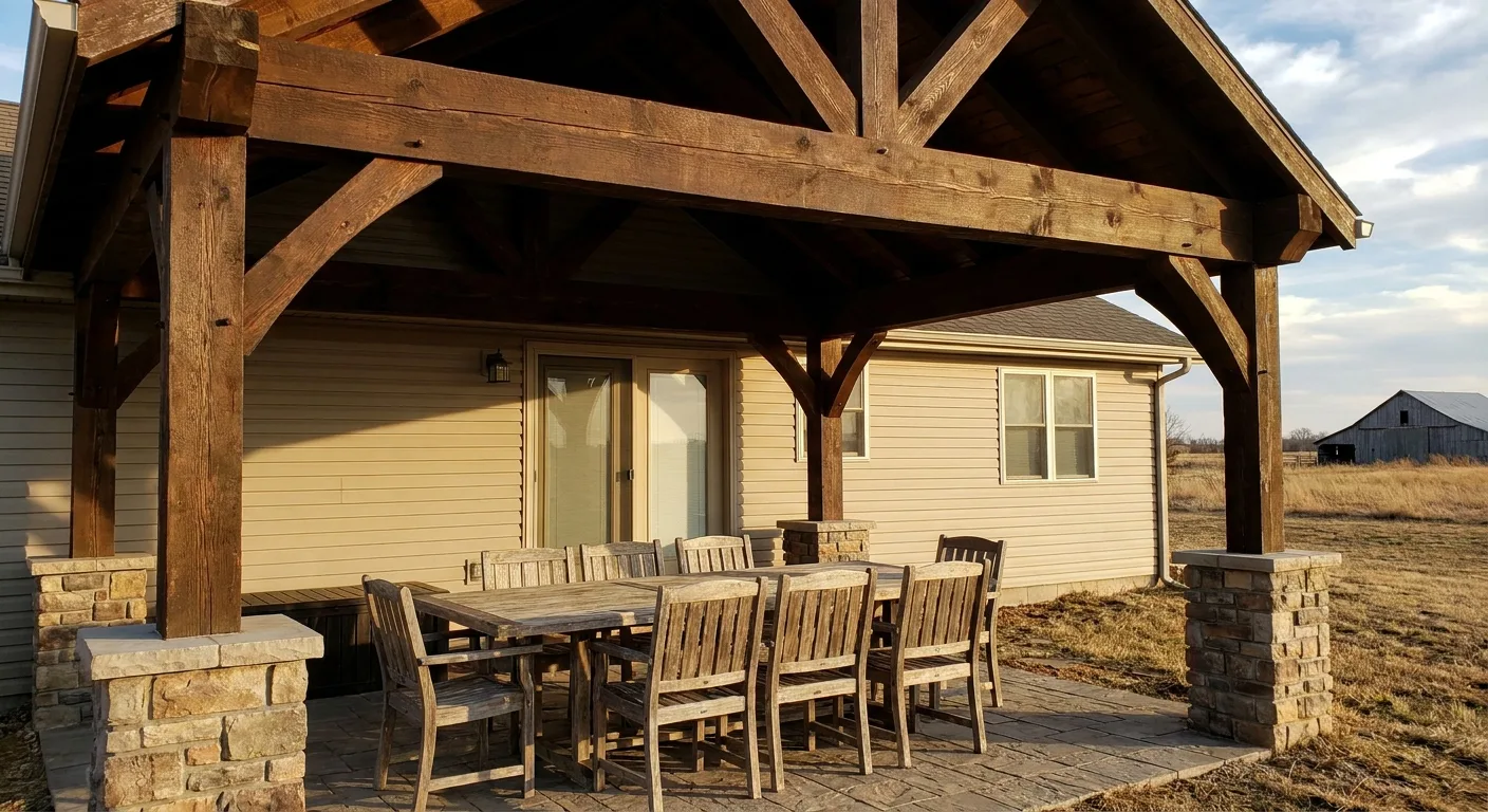 Deck cover with heavy timber beams over an outdoor dining area