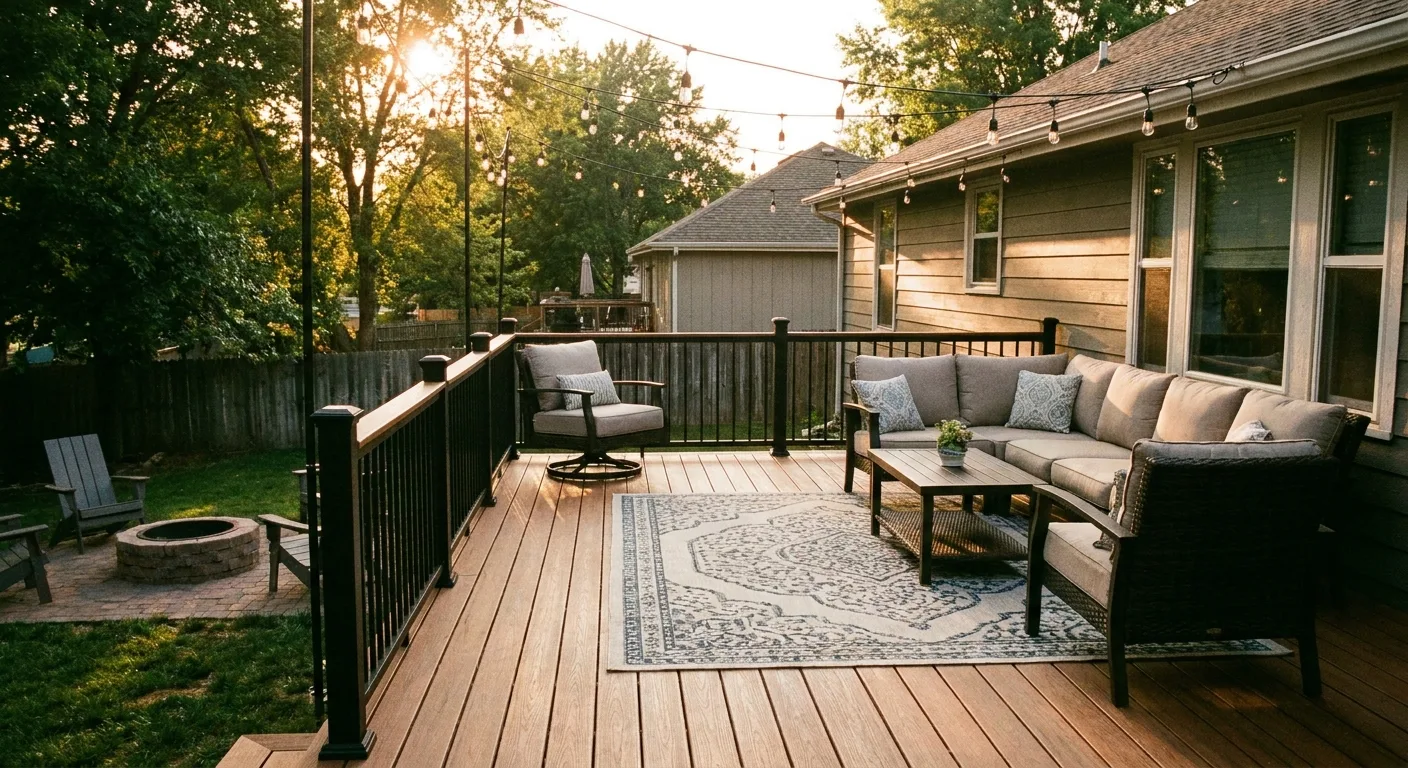 Finished composite deck furnished for outdoor living at golden hour