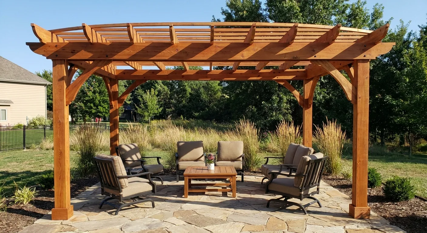 Custom cedar pergola with string lights in the evening