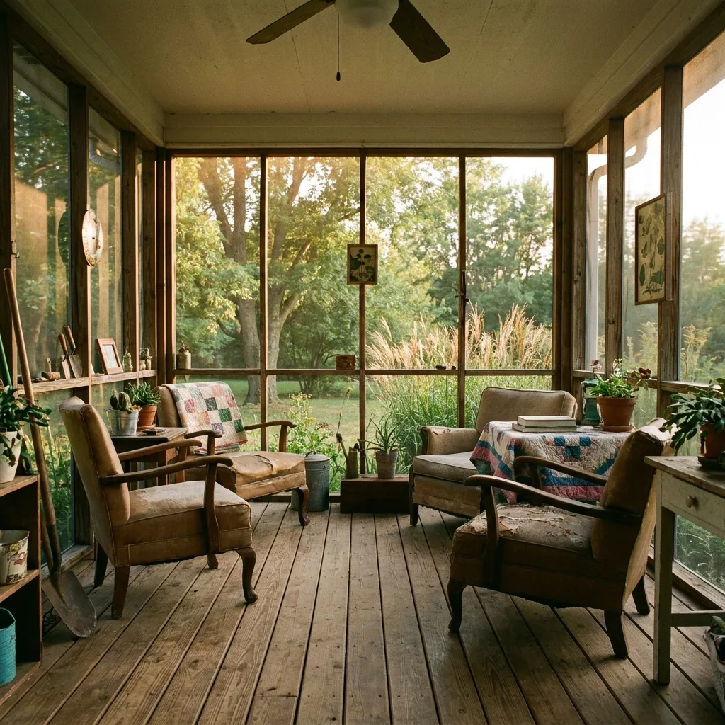 Screened porch with a shingled roof cover over an outdoor seating area