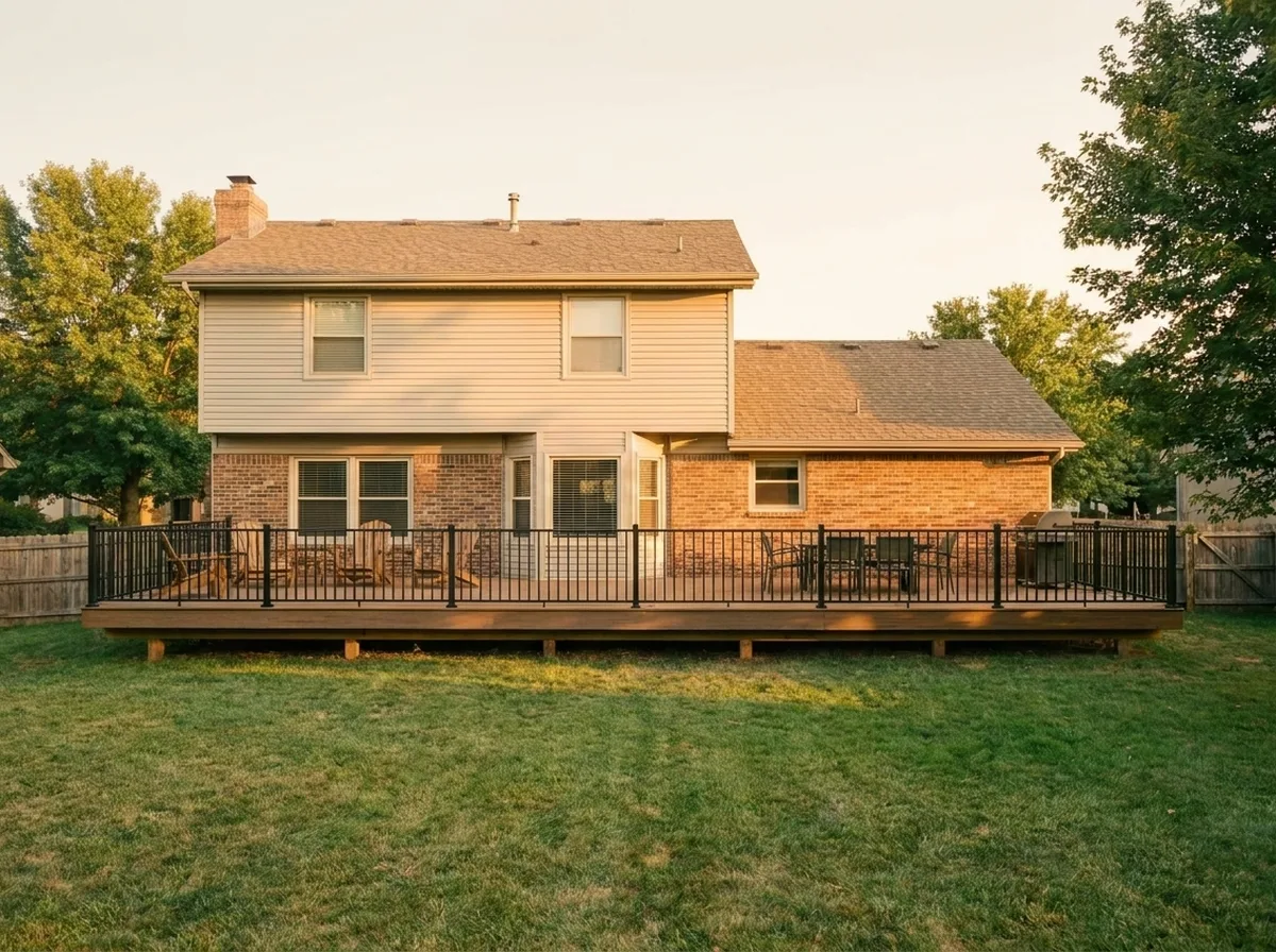 A finished deck with railing and steps, ready for a cover or a pergola.