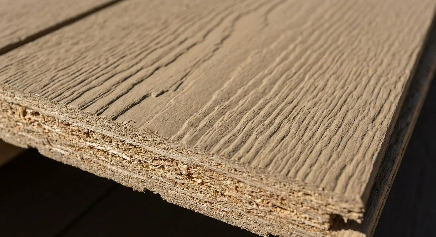 Close-up of LP SmartSide engineered wood siding showing the grain texture and a cut edge