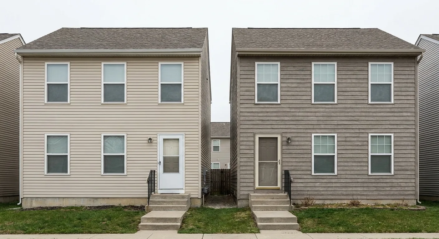 Two home elevations, one sided in vinyl and one in engineered wood, shown in the same daylight