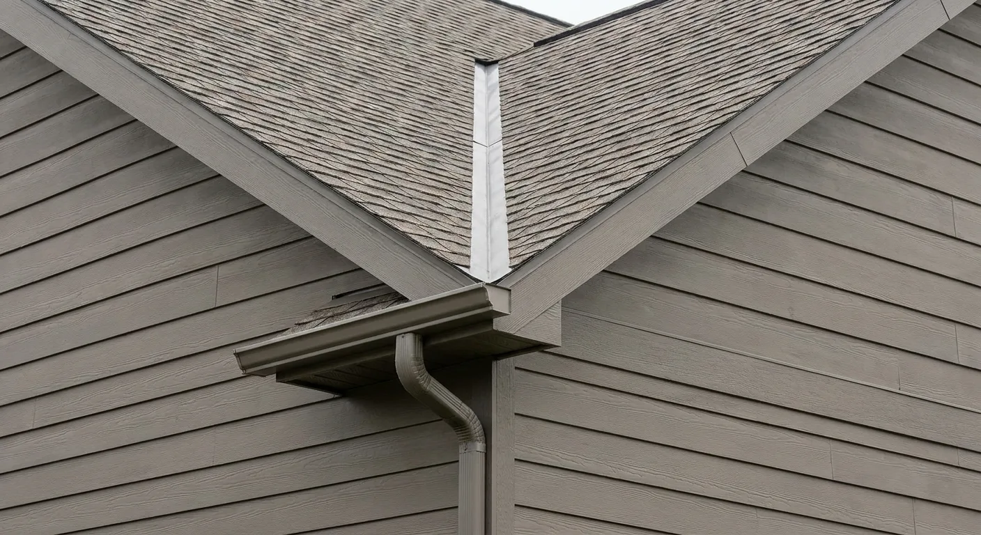 A roofline transition where two wall planes meet on an LP SmartSide-sided home