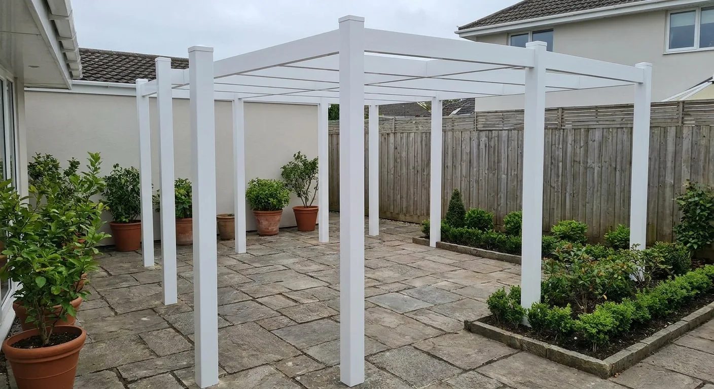 A Heartland PVC pergola in a white finish over a patio, clean lines and tidy planting in plain daylight.