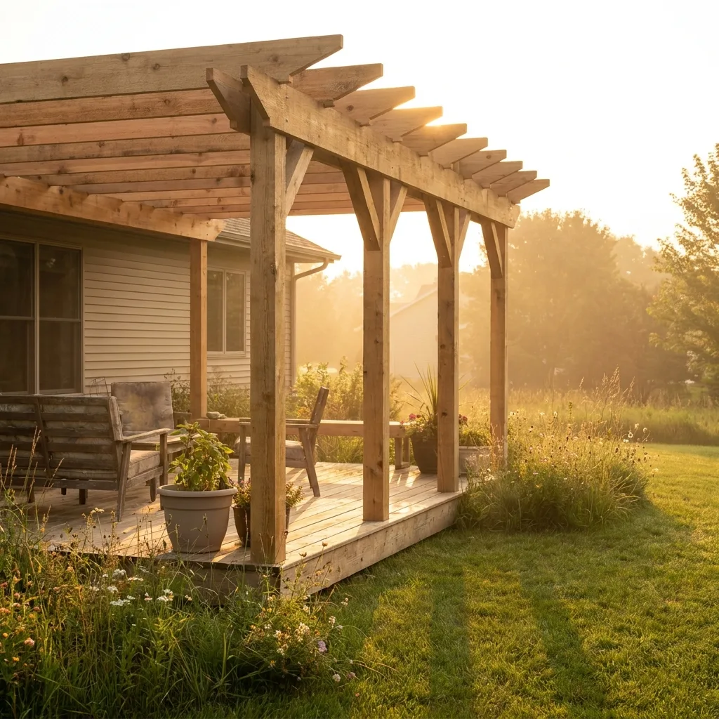 A custom cedar pergola showing natural wood grain and joinery at a beam end.