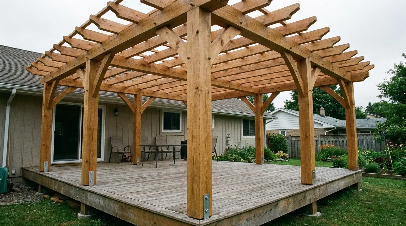 A pergola built over a deck, with the posts landing directly on the deck's existing framing.