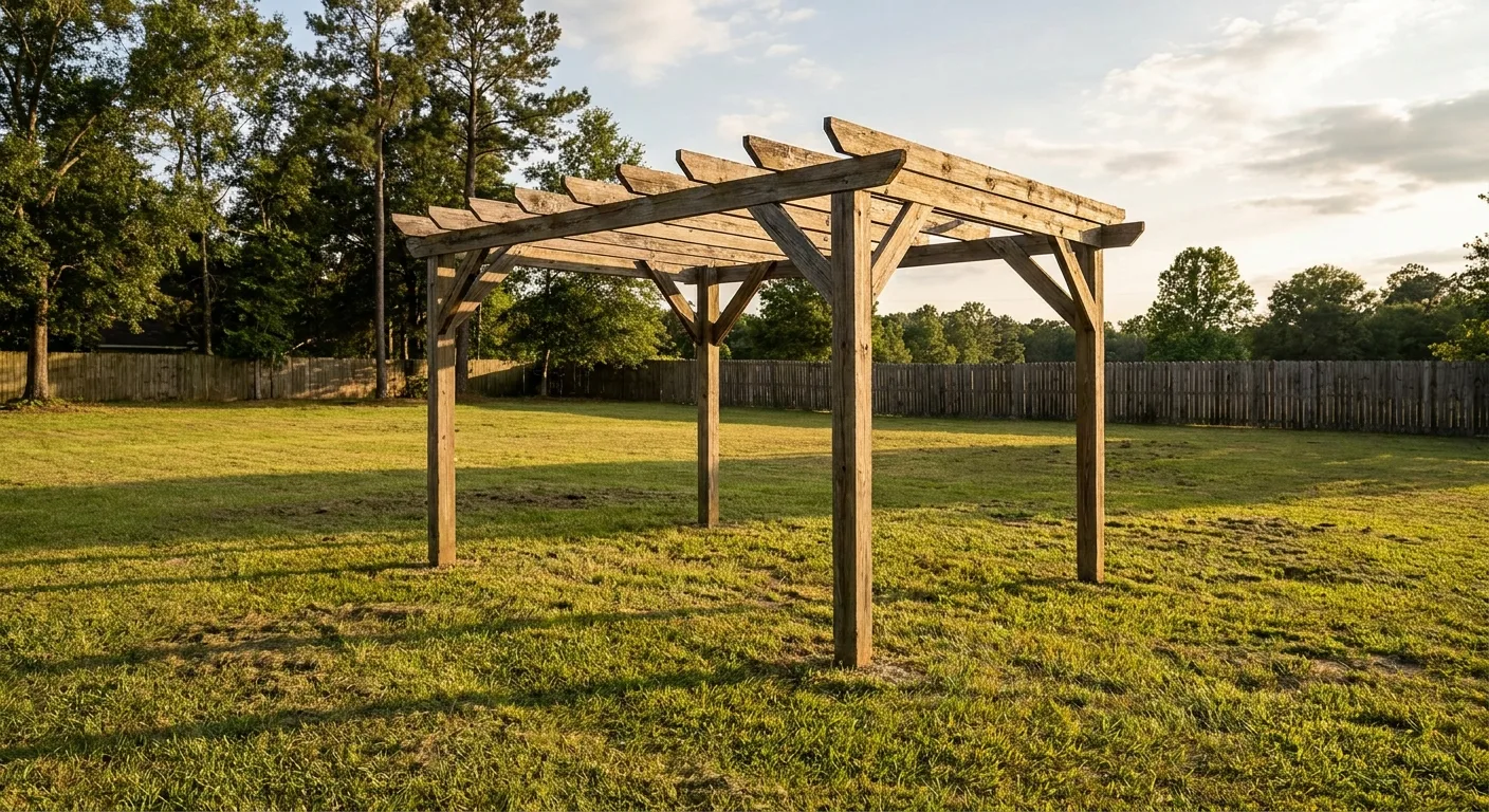 A freestanding pergola set in an open yard with no deck beneath it.