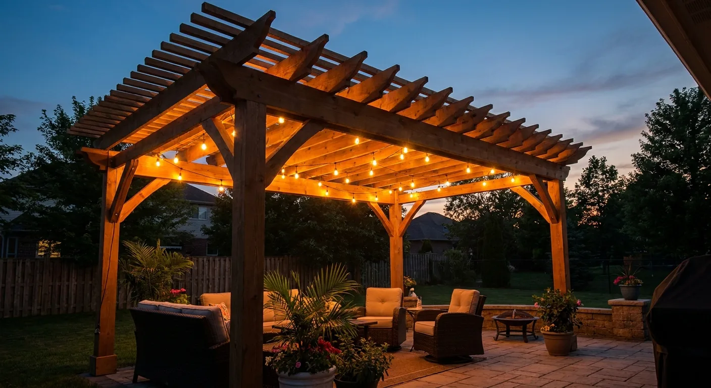 A finished pergola in the evening with warm string lighting.