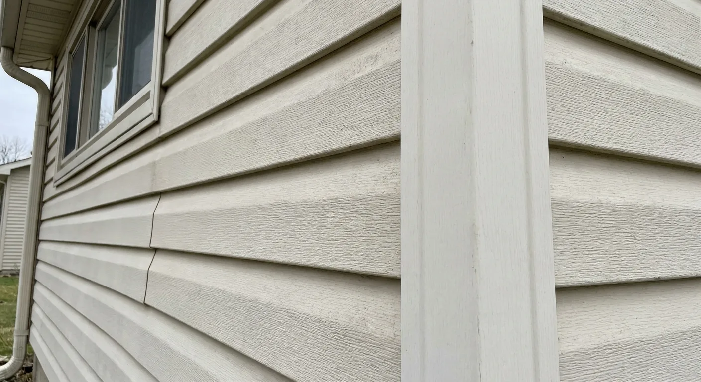 Close view of a vinyl-sided wall showing the lap profile and a corner post.