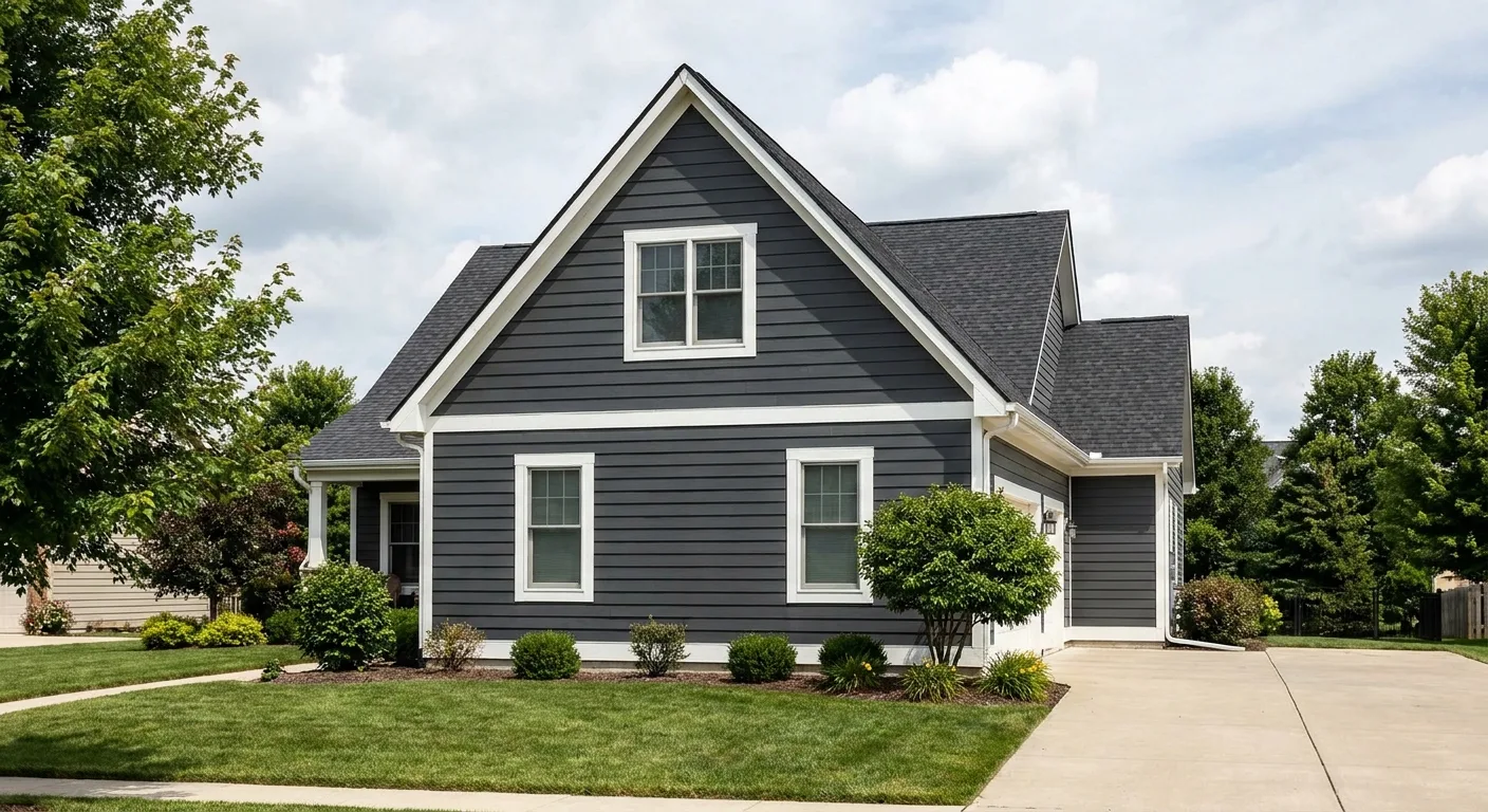 Fiber cement siding elevation with crisp lap shadow lines and painted trim on a gable.