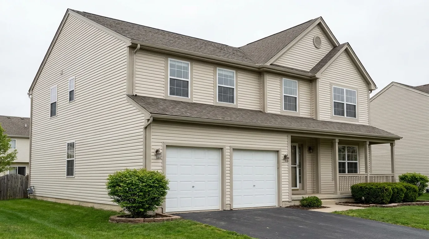 Two-story builder-grade home with new fiber cement siding installed and painted trim, viewed from the front corner.