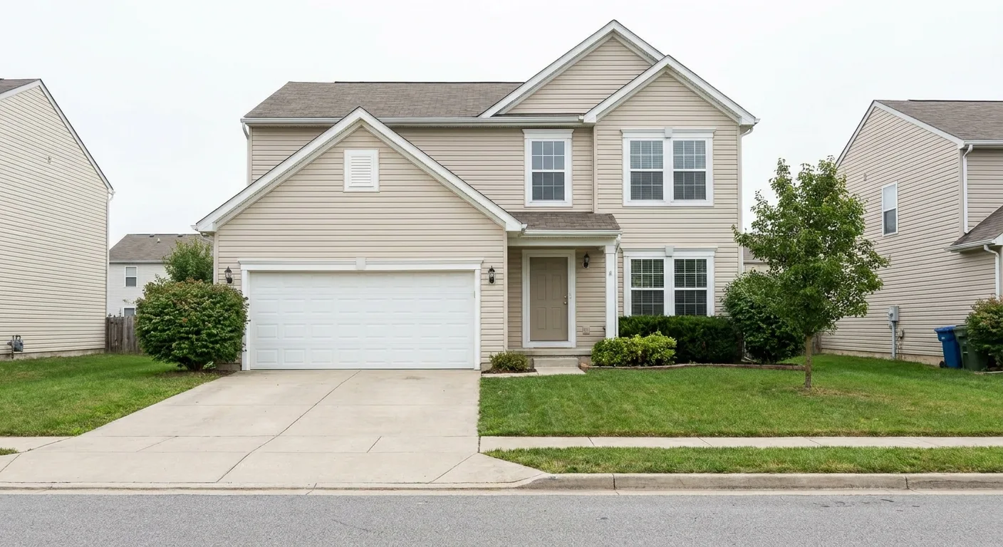 A second two-story home with new siding and trim, viewed straight on from the street.
