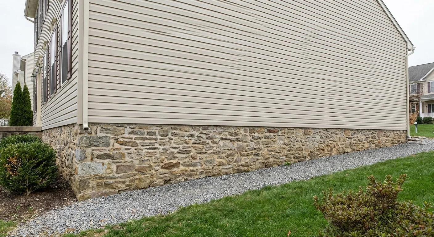 An elevation where new siding meets an existing stone or brick foundation wall.
