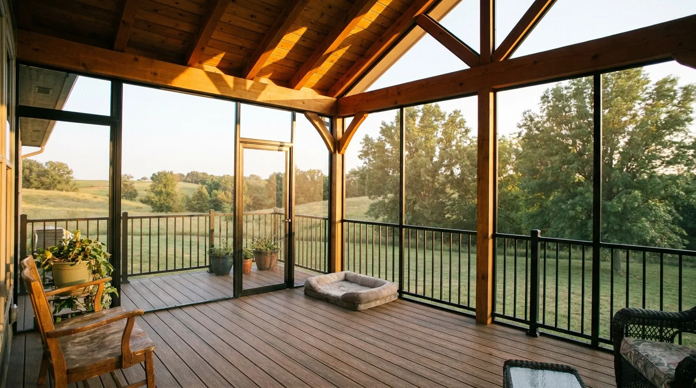 A screened porch conversion on a Kansas home with an open view of the yard, warm late-afternoon light through the wood-beam ceiling.