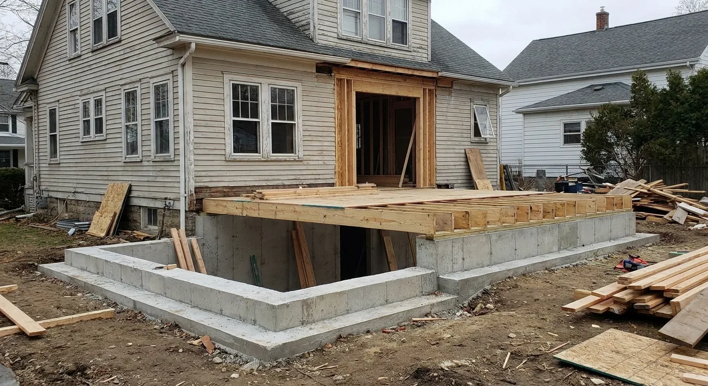 A room addition under construction at the foundation stage, with the existing house visible behind it.