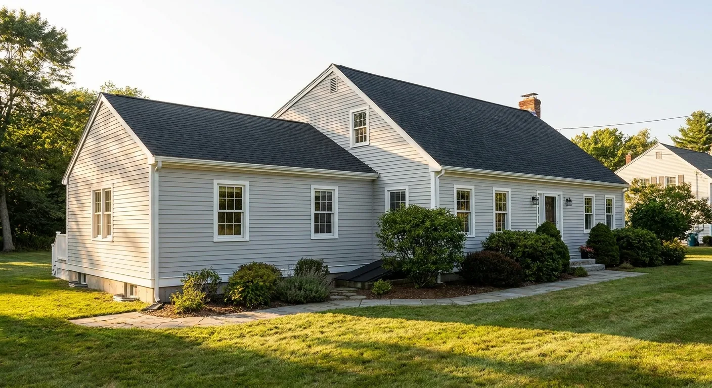 A finished room addition attached to a house, with siding, roofline, and trim matched to the original structure.