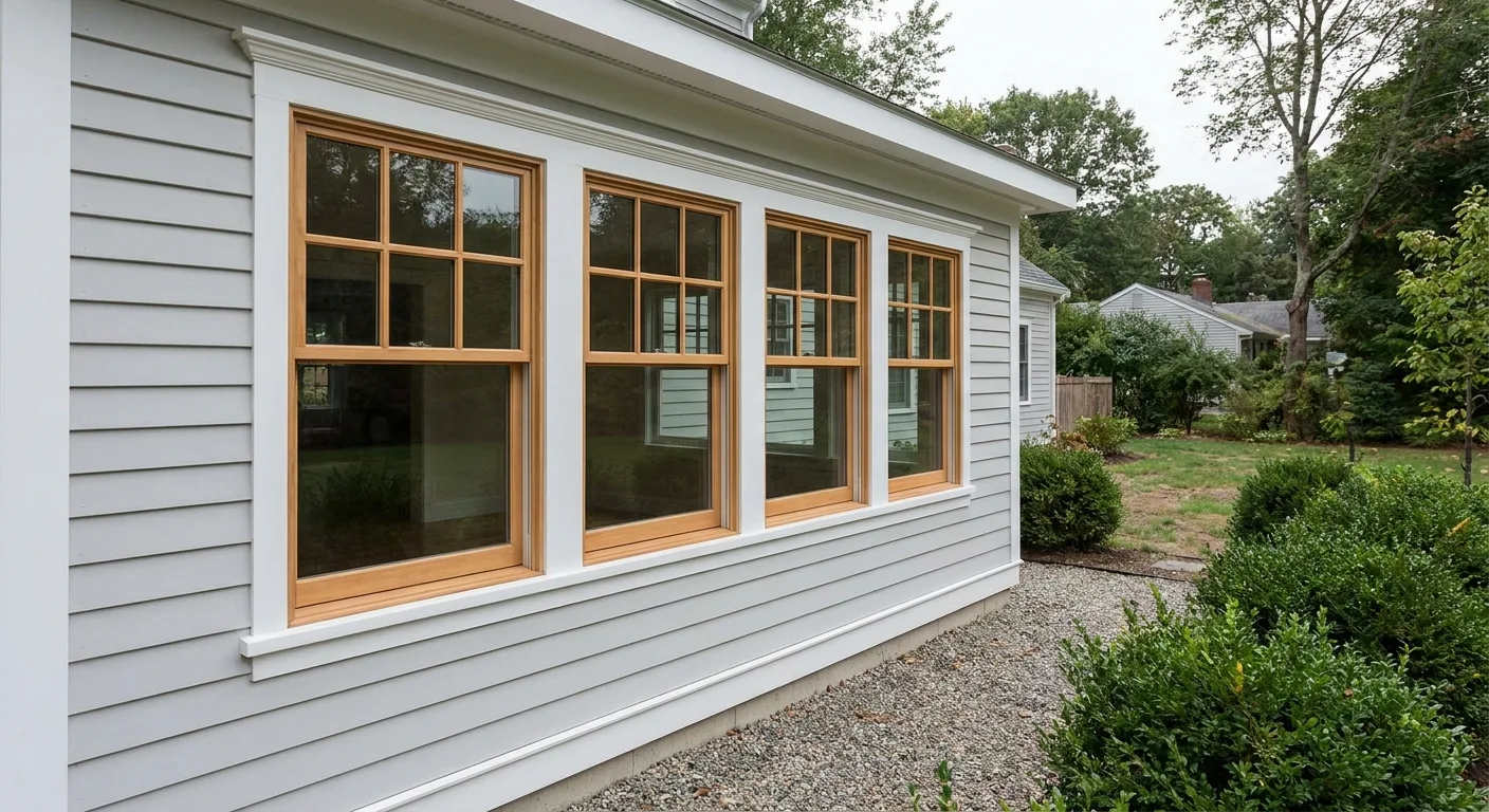 A run of windows set into the finished wall of a room addition.