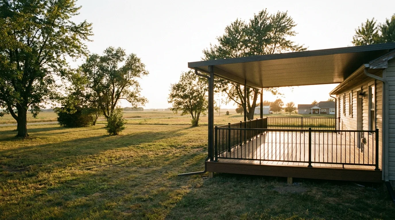A finished covered deck on a Kansas home, surrounded by open yard and sky in late-afternoon light.