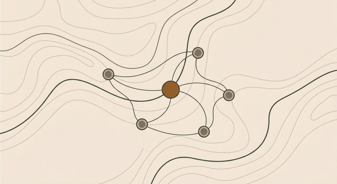 A restrained, abstract regional graphic in Tallgrass's warm bronze and sand palette: a central bronze hub connected to five smaller nodes over soft prairie contour lines, representing Manhattan and the five nearby towns Tallgrass serves.