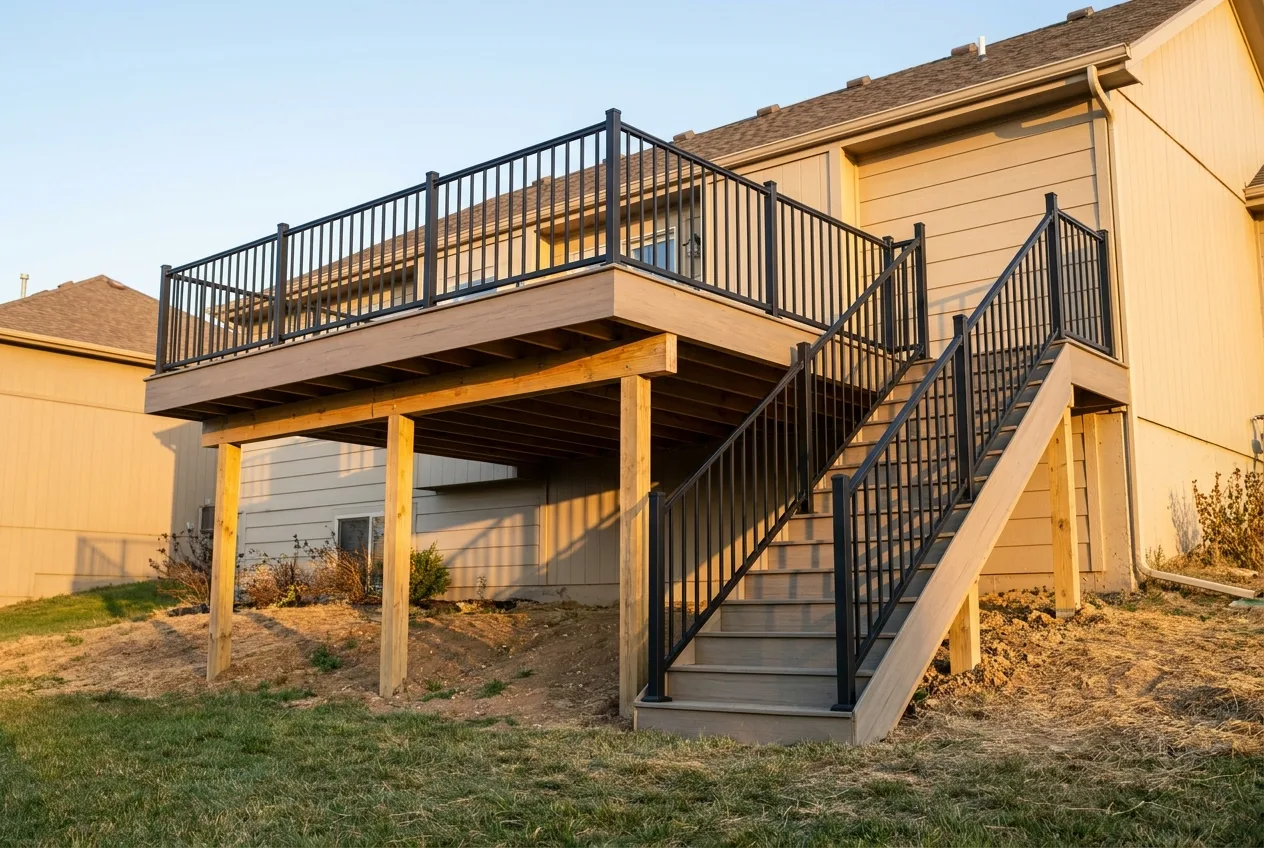 A finished deck raised well above ground level on a Kansas home, photographed from the yard with the stair run visible, warm late-afternoon light.