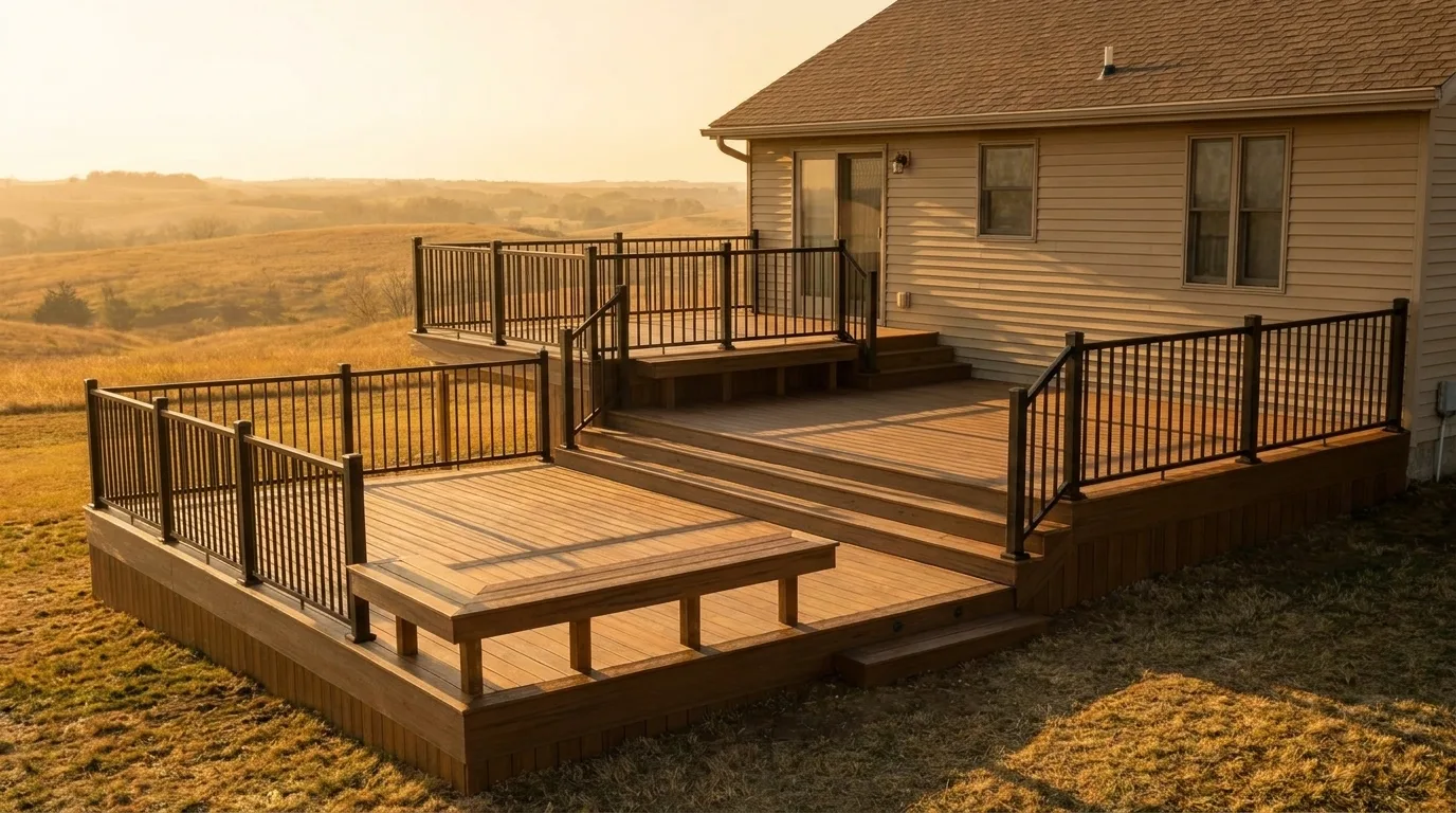 A finished deck built against a home's exterior wall, with the house siding visible behind it.